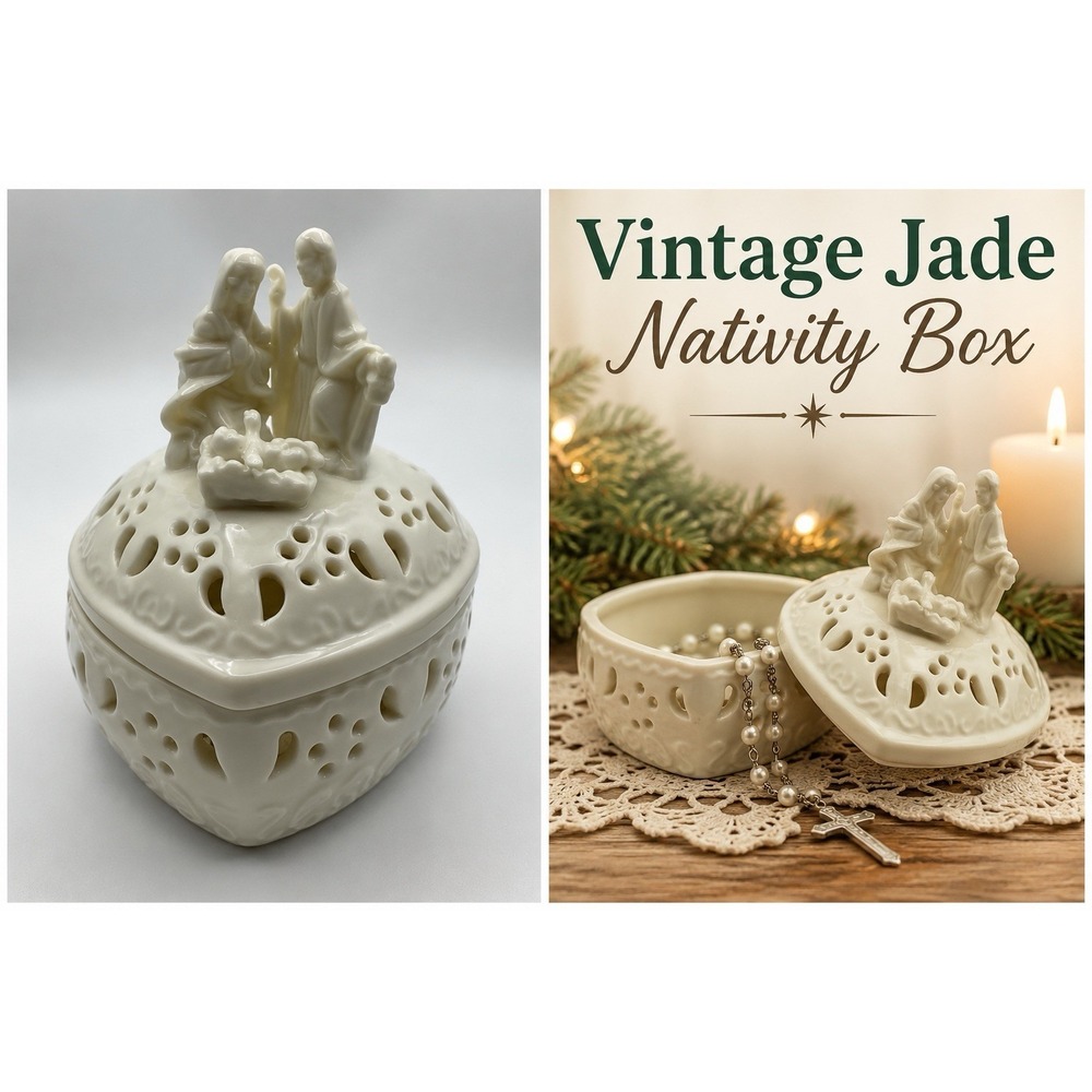 Vintage Jade Nativity Trinket Box Holy Family Jesus Mary Joseph Christmas Decor